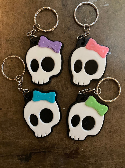 3D Printed Skull Girl Key Chain with Bow - Color Option - Halloween Skull Keychain