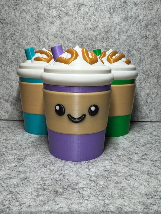 Cute Kawaii To Go Coffee Cup 3D Printed Stash Container With Optional Mystery Mini Prints Customizable Cup Color