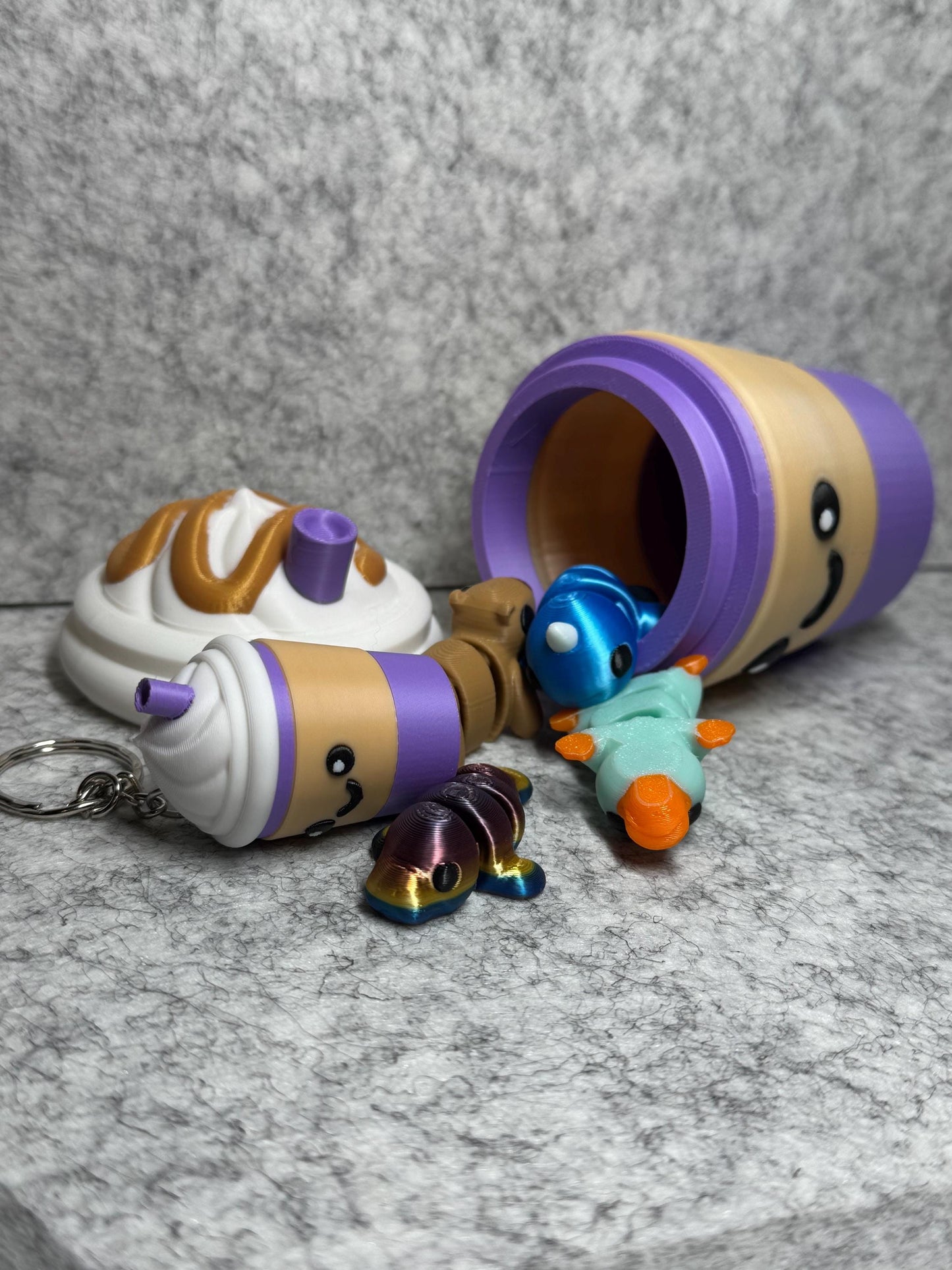 Cute Kawaii To Go Coffee Cup 3D Printed Stash Container With Optional Mystery Mini Prints Customizable Cup Color