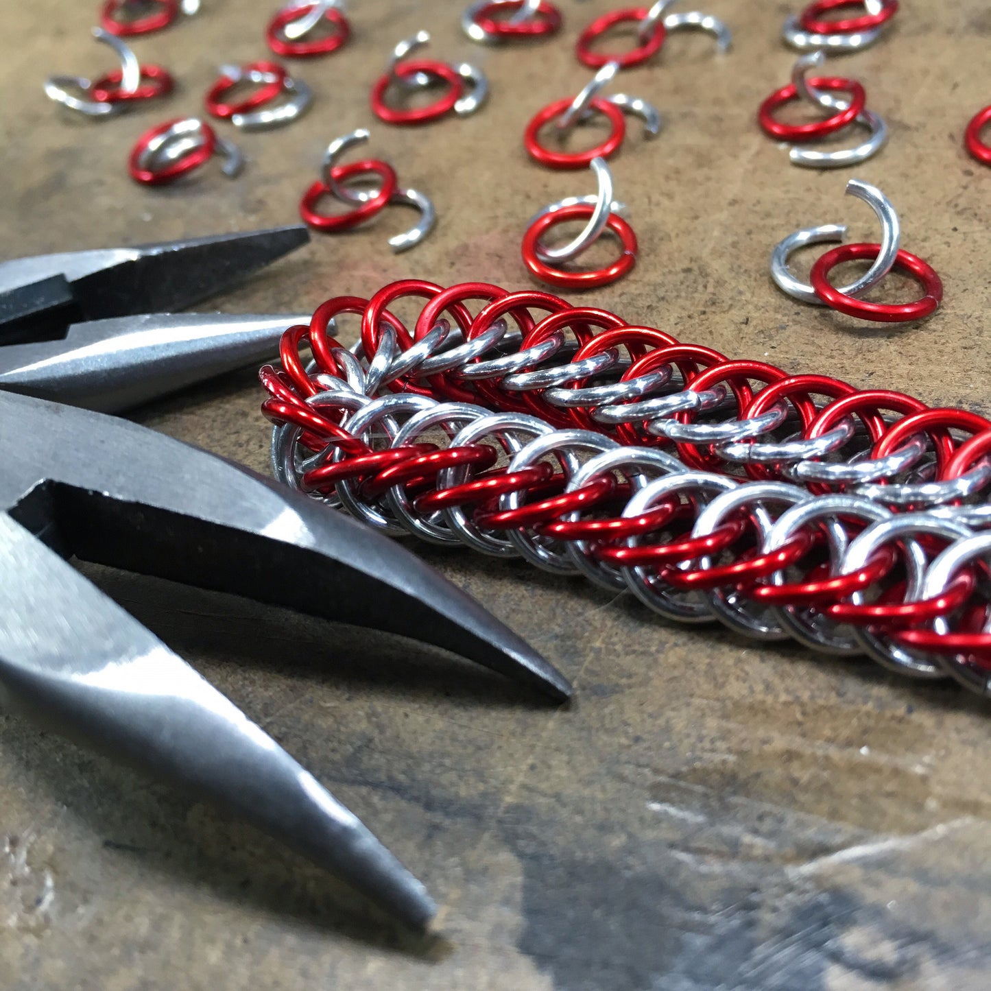 Badge Key Chain Chainmail Lanyard - Red and Silver