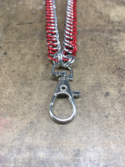 Badge Key Chain Chainmail Lanyard - Red and Silver